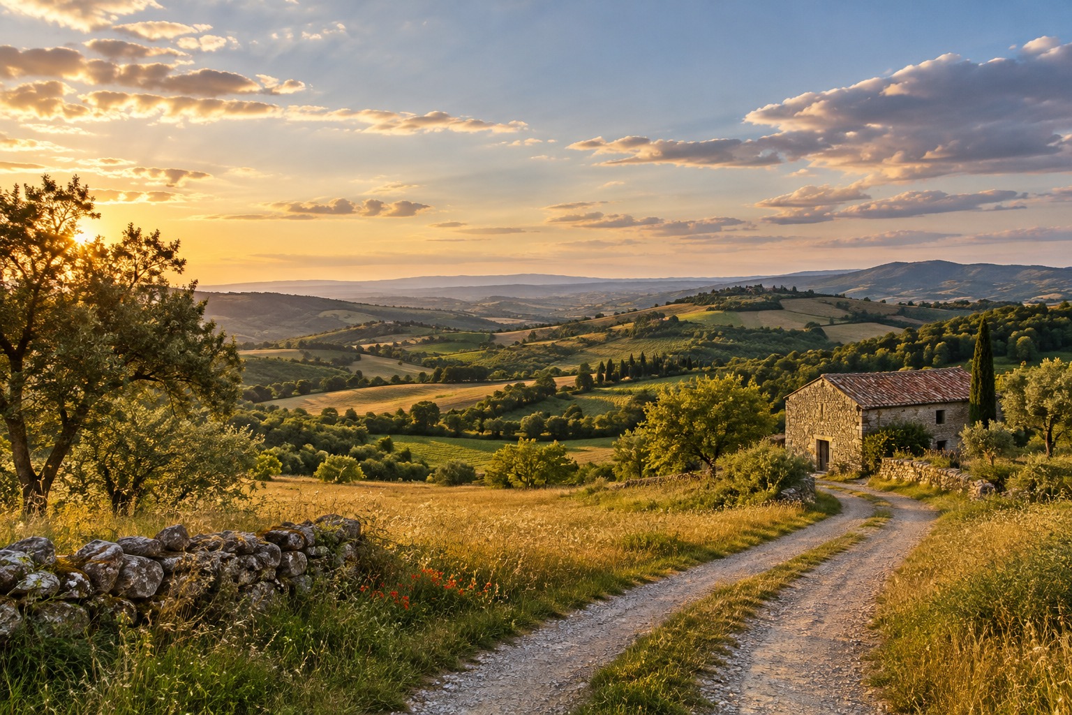Paysage illustratif : chemin, reliefs et lumière du soir